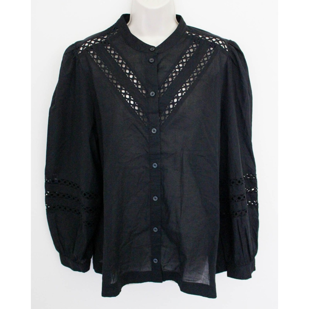 Banana Republic Top Womens Large Black Eyelet Blouse Button Up Lightweight